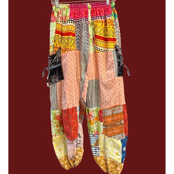 Handmade Patchwork Boho Harem Pants Colorful Elastic Waist Festival Trousers - Picture 2 of 5